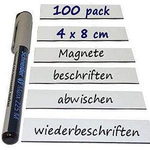 100 magneetbordjes magneetetiketten beschrijfbaar/afwasbaar in wit - magneet naambordjes opslagetiketten - voor rekken koelkast whiteboard, grootte: 4 x 8 cm, aantal: 100 stuks