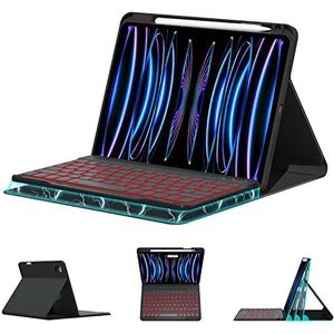 Toetsenbordhoes voor iPad Air 11"" M2 2024, Pro 11 inch 2022/2021/2020/2018 en Air4/Air5 10.9 (2022/2020), 7-Kleuren Achtergrondverlicht Afneembaar Draadloos Toetsenbord Met Penhouder,zwart