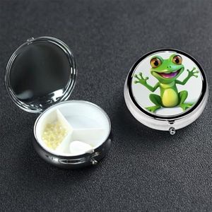 Green Frog Pillendoosje 3 compartimenten, kleine pillendoos voor portemonnee en zak, metalen pillenetui met spiegel, dagelijkse pillenorganizer, draagbare medicijnvitaminehouder, uniek cadeau