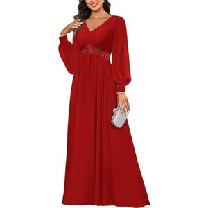 KIYNE Damesjurk met lange mouwen voor moeder van de bruid met kanten applicatie, V-hals, chiffon, formele feestjurk, Rood, 32
