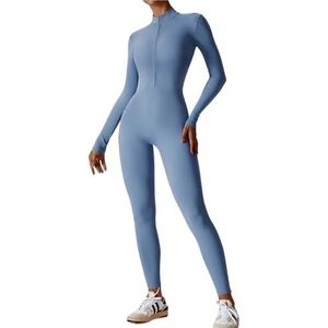 OZLCUA Een Stuk Naakt Yoga Vrouwen Eendelig Pak Rits Naakt Lange Mouw Yoga Set Gym Kleding Workout Boilersuit Hoge Sterkte Sportkleding Fitness Bodysuit, Blauw, S