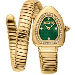 JUST CAVALLI Vrouwen Horloge, Gouden Kleur Geval, Donkergroene Wijzerplaat, Gouden Kleur Metalen Armband, 2 Handen, 3 ATM, Gouden Kleur