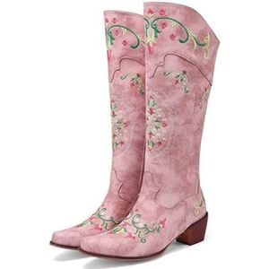 Dames Westernlaarzen Retro Halfhoge Laarzen Met Bloemenborduurwerk Herfst Winter Vierkante Neus Cowboylaarzen 5 Cm Blokhak Enkellaarsjes Vrijetijdsschoenen for Concert(Pink,38 EU)