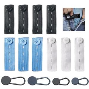 14-delige knoopverlenger voor broekenset, verstelbare tailleverlengers knoop, elastische tailleverlenging voor broek, jeans, jurk, zwanger (zwart, blauw en wit)