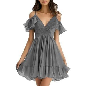 Chiffon Korte Bruidsmeisje Jurk Off Shoulder V-hals Ruche Geplooide Zomer Formele Jurk, Grijs, 36