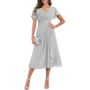 KIYNE Dames thee lengte moeder van de bruid jurken met mouwen ruches chiffon formele jurk avondjurk, Zilver, 32