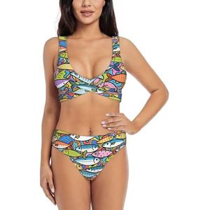 Zelinge Leuke Wrap Front Bikini Top en Hoge Taille Bottom Zomer Badpak Twist Front Badpak S-2XL, Kleurrijke Vissen Grunge, S