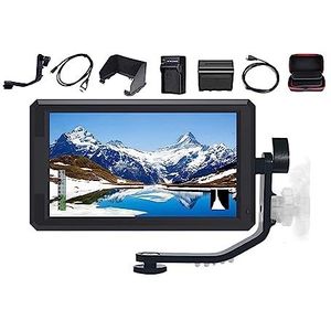 Cameramonitor, F6 5,7 inch FHD IPS op camera 4K HDMI-monitor met zwenkarm en 8V DC uitgangsvermogen met batterij en draagtas(With Battery and Bag)