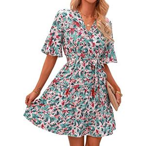 Jurk met Bloemenprint, Jurk met Ruches aan de Mouwen Elegante A-lijn voor Buitenactiviteiten (XL)