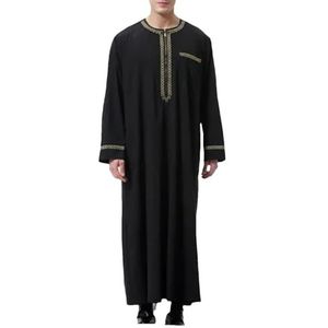 Hgvcfcv Moslim gewaad Arabisch Nationaal Kostuum Midden Mouw Goud Geborduurde Traditionele Herenjas, Zwart, S