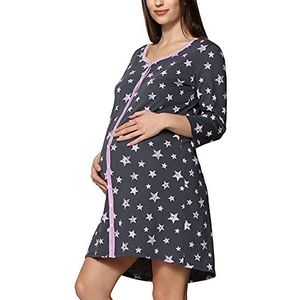Be Mammy Zwangerschapsnachthemd 3/4 Mouw met Borstvoedingsfunctie voor Vrouwen (Grafiet Sterren Roze, XL)