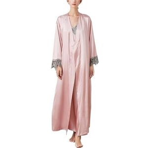 Badjas Kamerjas Dames 2-delige Satijnen Nachtjapon En Badjas, Sexy Zijden Kanten Pyjama, Lange Nachtkleding Badjas Lichtgewicht(Pink,M)