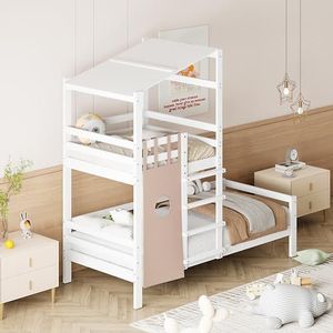 Aunlva Kinderbed, 90 x 200 cm, stapelbed met dak, premium massief houten bed met lattenbodem, wit