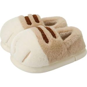 Cartoon kat poot slippers, 3D gezellige pluizige pluche wolk pantoffels, indoor huis Japanse kat voet slippers, Beige Schoenen, 3/4 UK