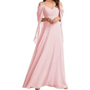 AHERKLL Koude Schouder Bruidsmeisjes Jurken voor Bruiloft Spaghetti Band Chiffon Formele Avond Party Maxi Jurk Lange HAH049, roze, 32