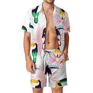 Tropic Roze Plant Bladeren En Toekan Vogel Mannen Hawaiiaanse Bijpassende Set 2 Stuk Outfits Button Down Shirts En Shorts Voor Strand Vakantie
