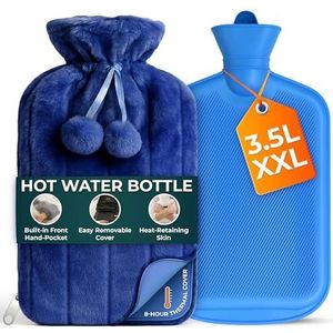 3,5L Grote Warmwaterkruik met Rits en Handzak - Blauwe Warmwaterkruik met Imitatiebont voor Pijnverlichting en Warmte - Zachte en Wasbare Warmwaterzak voor Warme en Koude Kompressen (1 Stuk)