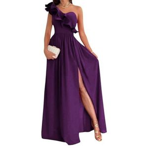 Damesjurk met één schouder voor bruidsmeisjes, fluweel, mouwloos, lange formele jurk met split, Pruim, 46