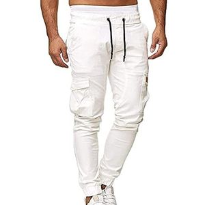 Heren Sportwerkbroek Heren Casual Multi-stof Zak Effen Touw Straat Cargobroek Heren Cargobroek joggingbroek(Blanc,3XL)