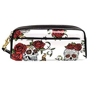 Dag van de dode Mexicaanse suiker schedels met rode rozen en vintage lint met belettering draagbare tas PU lederen schoolpennenetui stationaire potloodzakken waterdichte cosmetische tas make-up beauty case