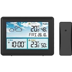 Draadloos Kleurenweerstationwaarschuwingen Groot LCD-scherm Temperatuur-vochtigheidsmeter Weersverwachting Wandbureauklok(Black)