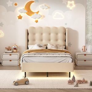 VSOGA Gestoffeerd bed met gemodelleerd hoofdeinde, kinderbed met warm gele lichtstrips, eenpersoonsbed met houten latten, fluweel, beige, 90 x 200 cm