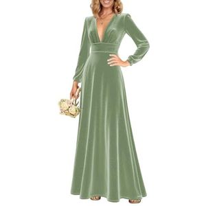 Fluwelen bruidsmeisjesjurk met mouwen, diepe V-hals, formele avondjurk, Sage Groen, 32