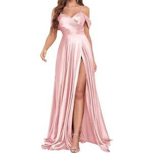 Off-shoulder satijnen bruidsmeisjesjurken voor dames, lange ruches A-lijn formele jurk met split, Blush Roze, 32