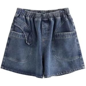 Denim shorts voor dames, patchwork met knopen, niet-rekbare kleding, Blauw, 3XL