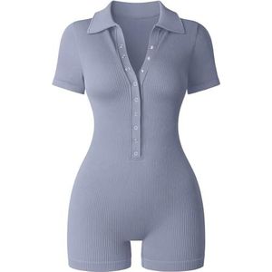 ROEUIPG Geribbelde yoga-jumpsuit voor dames, V-hals, rekbare taille, sportpak, effen kleur, nauwsluitend, rompertje met hoge taille (lichtblauw, M)