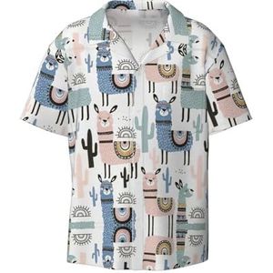 TyEdee Llama Alpaca Cactus Print Heren Korte Mouw Overhemd met Zak Casual Button Down Shirts Business Shirt, Zwart, 4XL