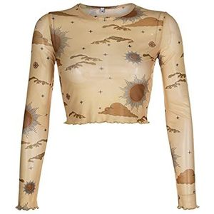 Harajuku Sun Moon Print Mesh Top Vrouwelijke T-shirt Lange Mouw Transparante Crop Tops Tees Mode Zomer T-shirt Kleding