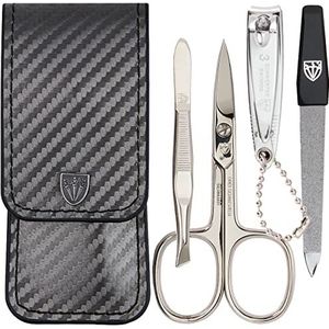 DREI SCHWERTER - 4-delige nagelverzorgingsset 'Capri' | Hoogwaardige nageletui voor manicure en pedicure. Kleur: Kunstleer Carbon | Inhoud: Nagelschaar, nagelknipper, pincet, saffier nagelvijl