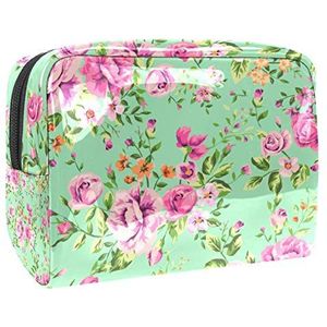 Make-uptas PVC toilettas met ritssluiting waterdichte cosmetische tas met groen retro bloemenpatroon voor dames en meisjes
