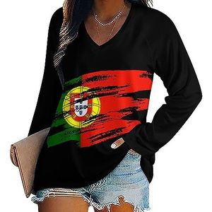 Retro Portugal Vlag Vrouwen Casual Lange Mouw T-shirts V-hals Gedrukt Grafische Blouses Tee Tops M