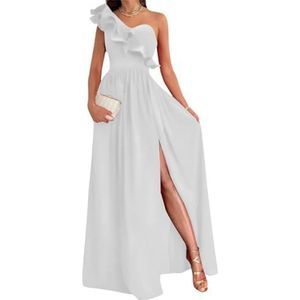 Damesjurk met één schouder voor bruidsmeisjes, fluweel, mouwloos, lange formele jurk met split, Wit, 36