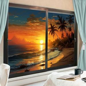 Zonsondergang zeegezicht raamfolie warmteblokkerende kleurrijke hemel palmboom hedendaagse privacy raamdecoratie glazen deurbekleding niet-klevende raamfilm voor badkamer keuken 90 x 160 cm x 2 stuks