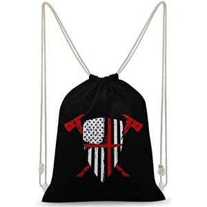 Brandweerman Rode Lijn USA Vlag Trekkoord Rugzak String Bag Sackpack Canvas Sport Dagrugzak voor Reizen Gym Winkelen