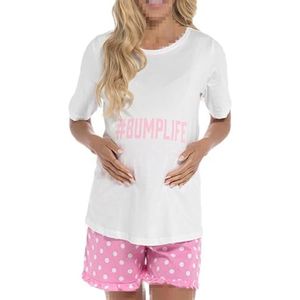 A2Z Dames Moederschap Korte Broek Pyjama Set #BUMPLIFE Bovenkant Stip Jersey - PJS 222 White 16-18
