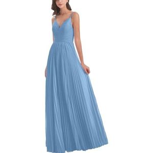 Dames spaghettibandjes chiffon bruidsmeisjes jurken lange formele jurken en avondjurken, Hemelsblauw, 52 grote maten