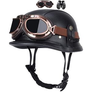 Motorhelm, jethelm, scooter, vintage retro helmet, met handschoenen + bril, voor motorfiets en scooter, retro halve helm motorfiets fiets chopper voor volwassenen heren en dames (kleur