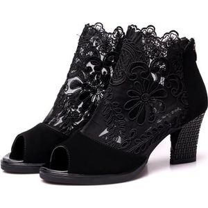 Elegante Damessandalen Met Blokhak Zomer Peep Toe Enkellaarzen Met Ritssluiting Retro Bloemenborduurwerk Mesh Sandalen Vrije Tijd Korte Laarzen Sandalen for Feestjes (Color : Black, Size : 40 EU)