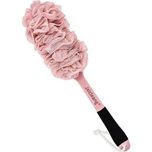 Jxicleang Rugluffa met antislip lange handgreep, 1 stuk zachte mesh poefs, 1 lange steel rugborstel, exfoliërende rugscrub voor mannen vrouwen, badspons voor ouderen (roze)