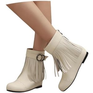 Enkellaarsjes For Dames Met Gesp Retro Middeleeuwse Laarzen Met Franjes Comfortabele Enkellaarsjes Met Sleehak PU-leren Laarzen Met Rits Casual Enkelschoenen,36-43EU(White,43 EU)