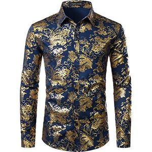 PARKLEES Luxe, goudkleurig, glanzend, paisley-print, stijlvol overhemd, slanke pasvorm voor heren, marine Goud, S