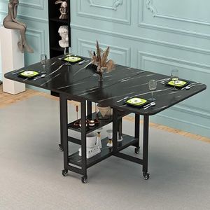 Opvouwbare eettafel met 6 wielen, mobiele opvouwbare eettafel met 2-laags opbergrek, for 4-6 personen, eetkamertafel met metalen frame en houten plank, eenvoudige montage (Color : Svart, Size : Svar