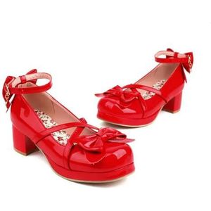 Mode patent lederen Lolita schoenen vrouwen rood bruid bruiloft party riempje platform Mary Janes pumps riem blok Cubaanse hakken, rood, 40 EU