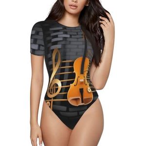 KHDKLXOHZ 3d Note Gitaar Dames Bodysuits - Shapewear met korte mouwen, ronde hals bodysuit, rekbare basic T-shirt tops, casual slim comfortabele pasvorm turnpakje onesie, 3d, S