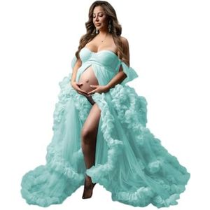 Off-shoulder geplooide moederschap tule gewaad voor fotoshoot zwangere ochtendjas pure lingerie nachthemd AH155, Pastel Blauw, 36