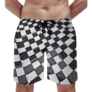 Futuristische zwart-wit dambord heren strandshorts sneldrogende boardshorts mesh voering strandbroek sportschool zwembroek 2XL